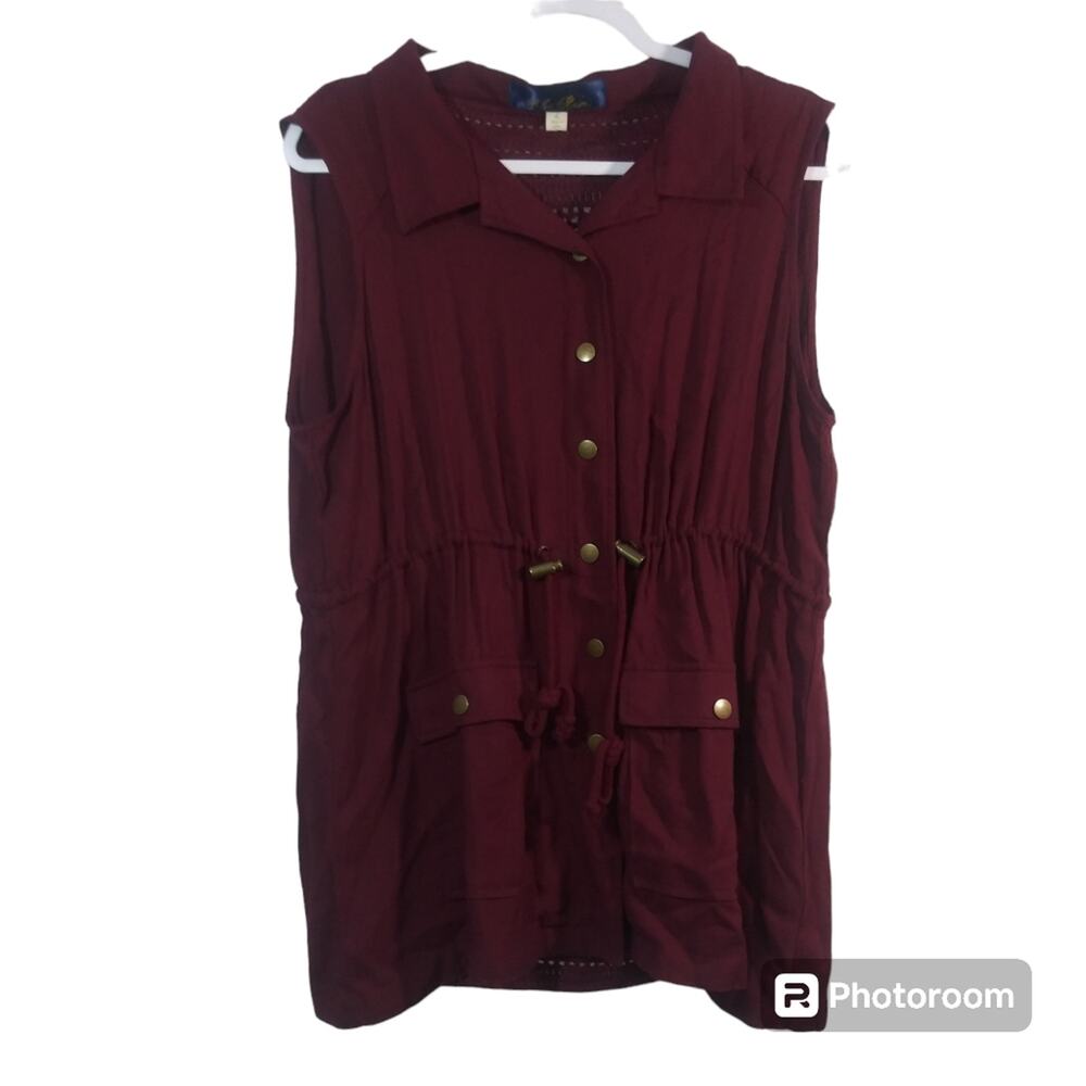 Blue Rain Anorak Vest Crochet Back Panel Pockets Button Burgundy Red Tan Size L - Picture 2 of 6